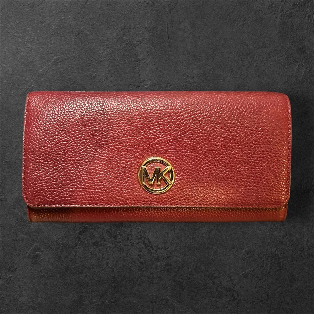 Michael Kors Fulton Flap Continental Pebbled Leather Wallet Red
